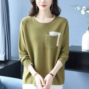 新款 宽松遮肚长袖 上衣休闲时尚 圆领针织衫 T恤女 加大码 胖妈妈秋季
