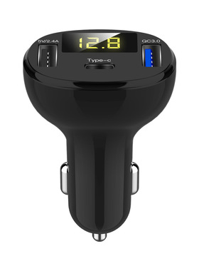 C02车载手机充电器QC3.0超级快充双USB电压显示多功能type C车充
