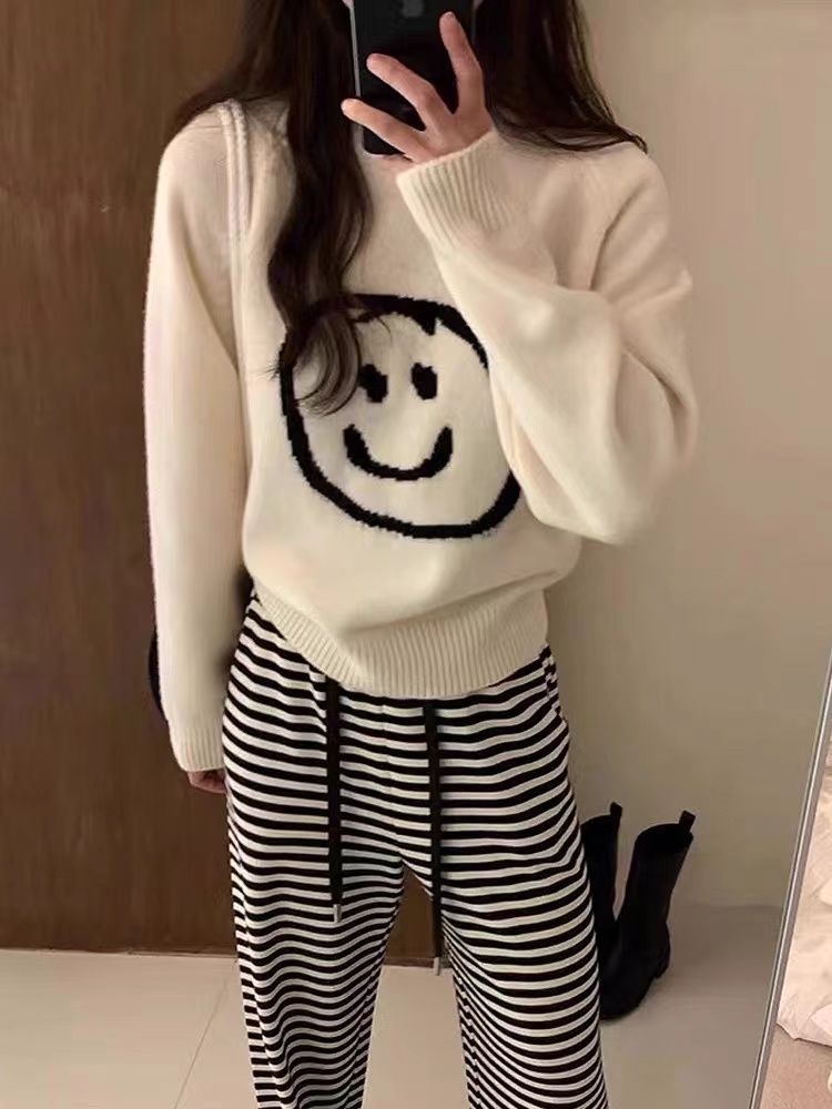 韩版笑脸毛衣女2023早秋冬新款宽松内搭套头针织衫上衣日系慵懒风