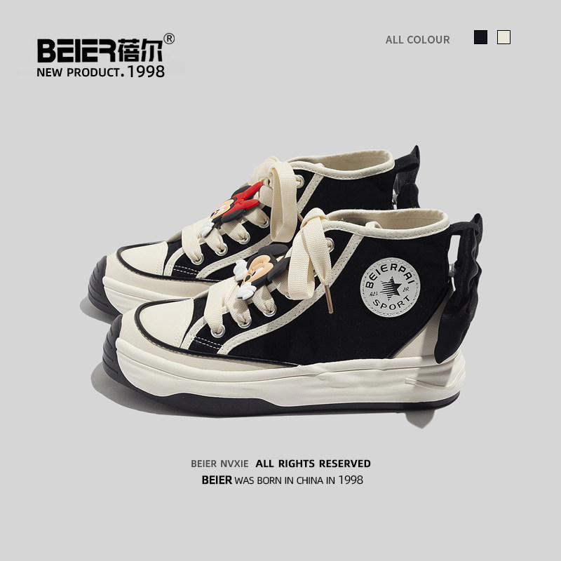 蓓尔帆布鞋女春季透气2023新款小白鞋高帮女鞋百搭厚底休闲板鞋子