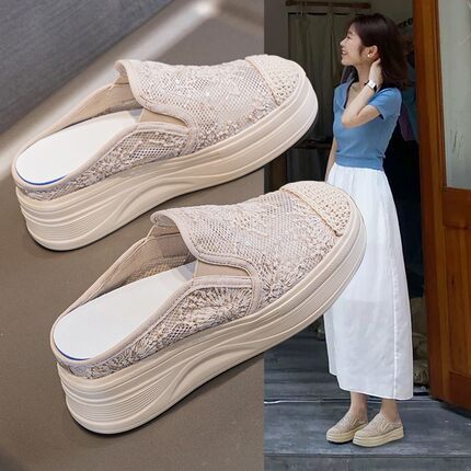 香港裸色松糕厚底包头渔夫鞋女夏2025内增高7CM坡跟休闲网面凉拖