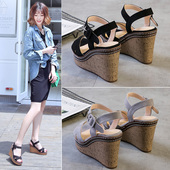 女2020夏季 新款 鱼嘴高跟女士鞋 坡跟凉鞋 厚底学生一字搭扣女松糕鞋