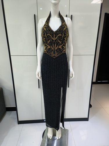 【千姿阁】vitage挂脖露背复古珠绣高开叉礼服连衣裙