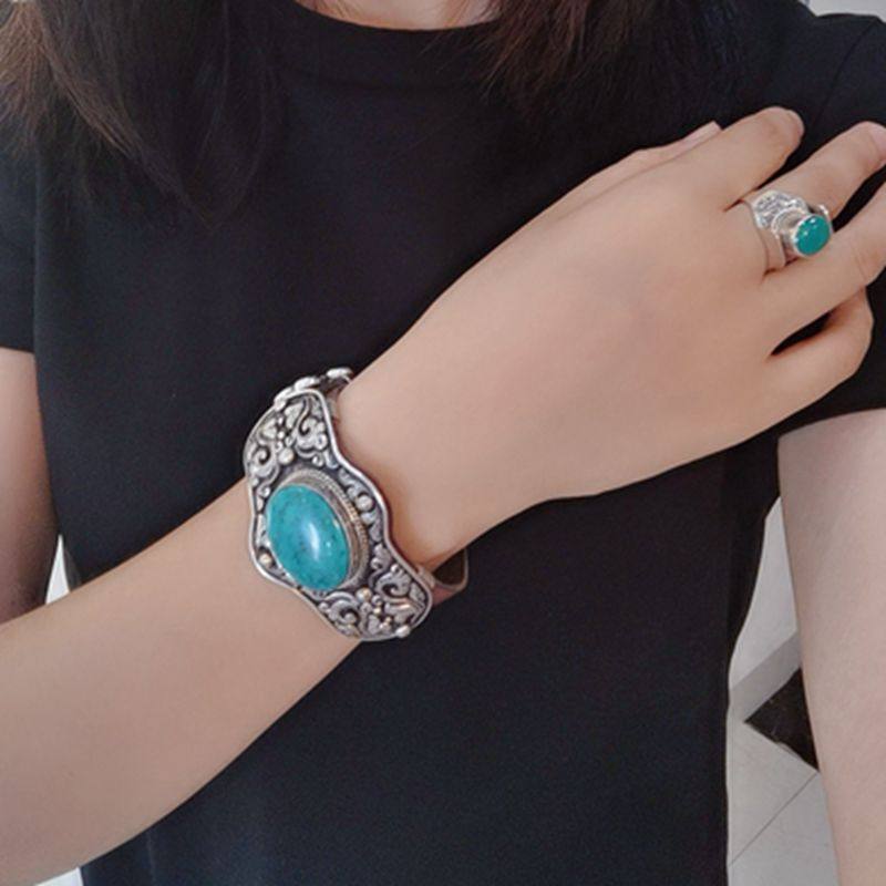 尼泊尔特色国风古风手工古法手镯银饰品老蜜蜡绿松石手镯925纯银