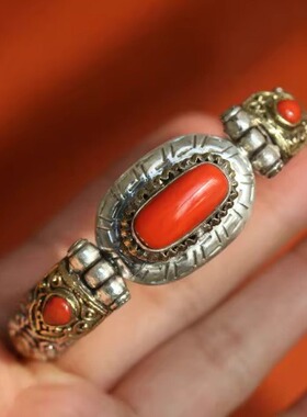 尼泊尔古风手工925银红绳手镯