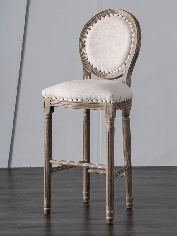 美式实木吧椅仿古吧台椅家用欧式复古靠背酒吧椅高脚椅藤编高吧椅