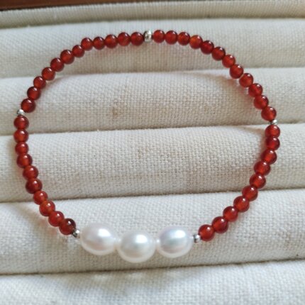 极光淡水无核米珠7A红玛瑙手链S925银简约百搭手饰