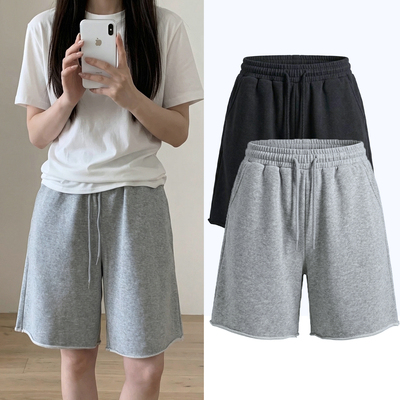 灰色运动松紧腰阔腿五分卫裤女