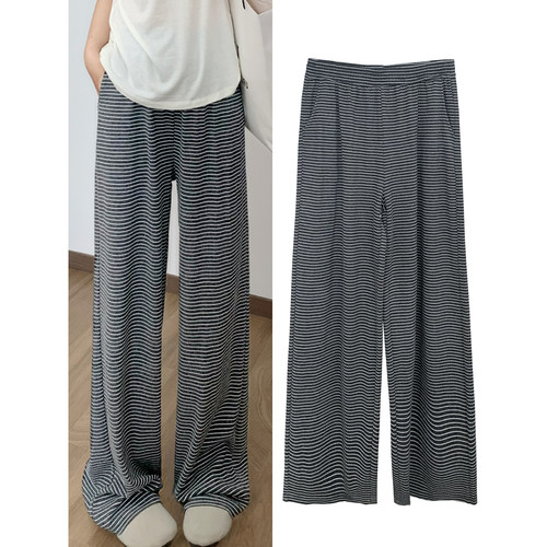 高腰垂感小个子显瘦条纹阔腿裤