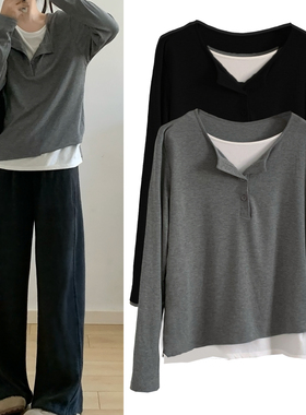 设计感假两件长袖t恤女2025新款早秋灰色撞色显瘦针织衫宽松上衣