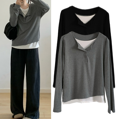 设计感假两件长袖t恤女针织衫