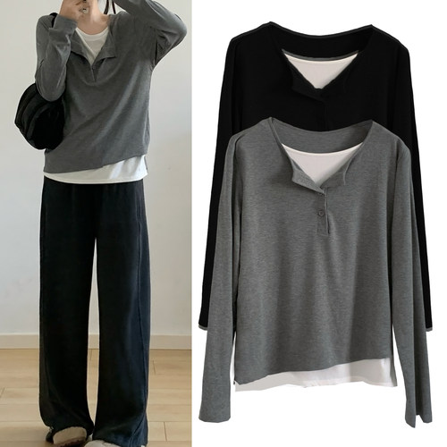 设计感假两件长袖t恤女针织衫