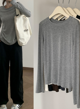 【天丝羊毛打底衫】灰色长袖t恤女早秋chic设计感小众内搭上衣