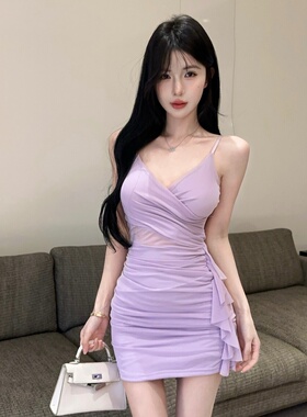 辣妹网纱流苏低胸性感吊带紫色连衣裙紧身包臀短裙夜场上班衣服夏