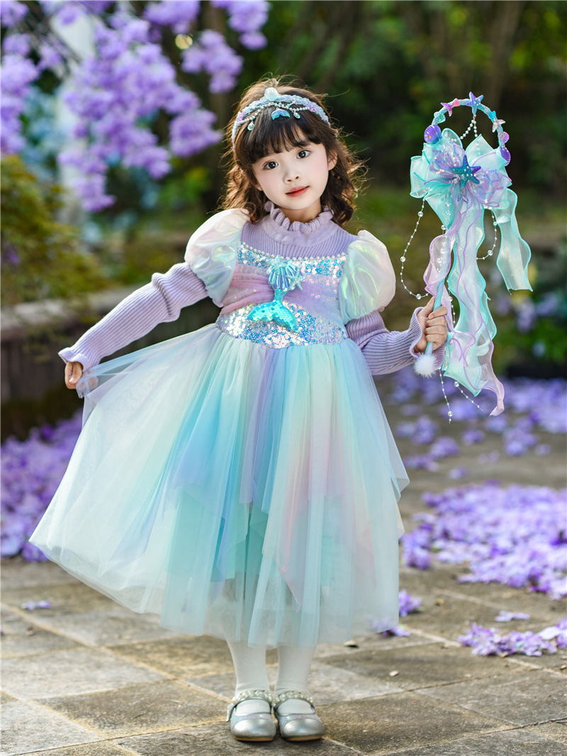 公主裙女童2025秋冬儿童针织炫彩人鱼连衣裙生日礼服毛衣纱裙女孩