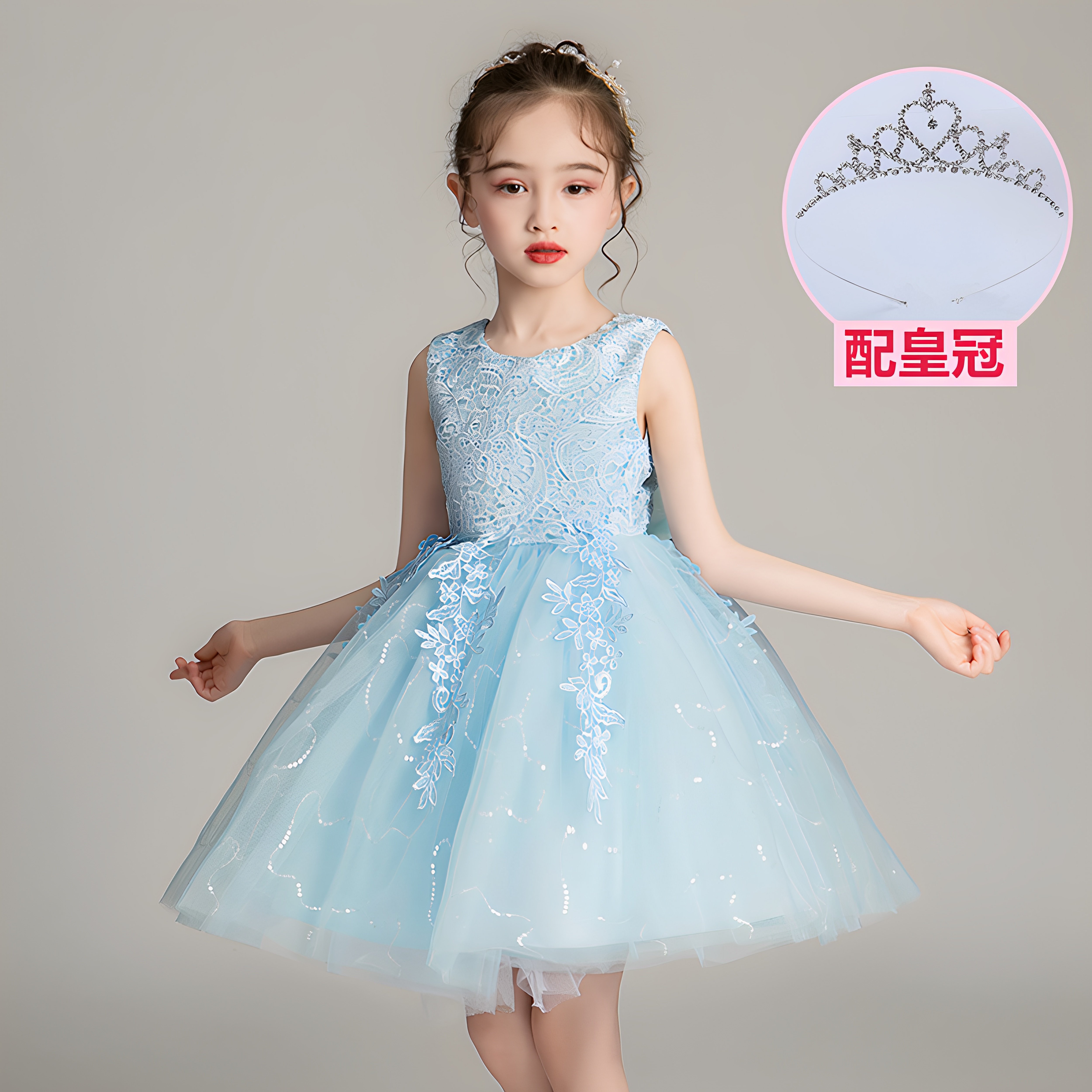 女大童公主裙蓝色礼服蓬蓬裙六一演出服花童婚礼主持人钢琴表演服