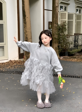 女童洋气时髦灰色卫衣裙2025秋冬款韩版中小童宝宝拼接纱裙连衣裙