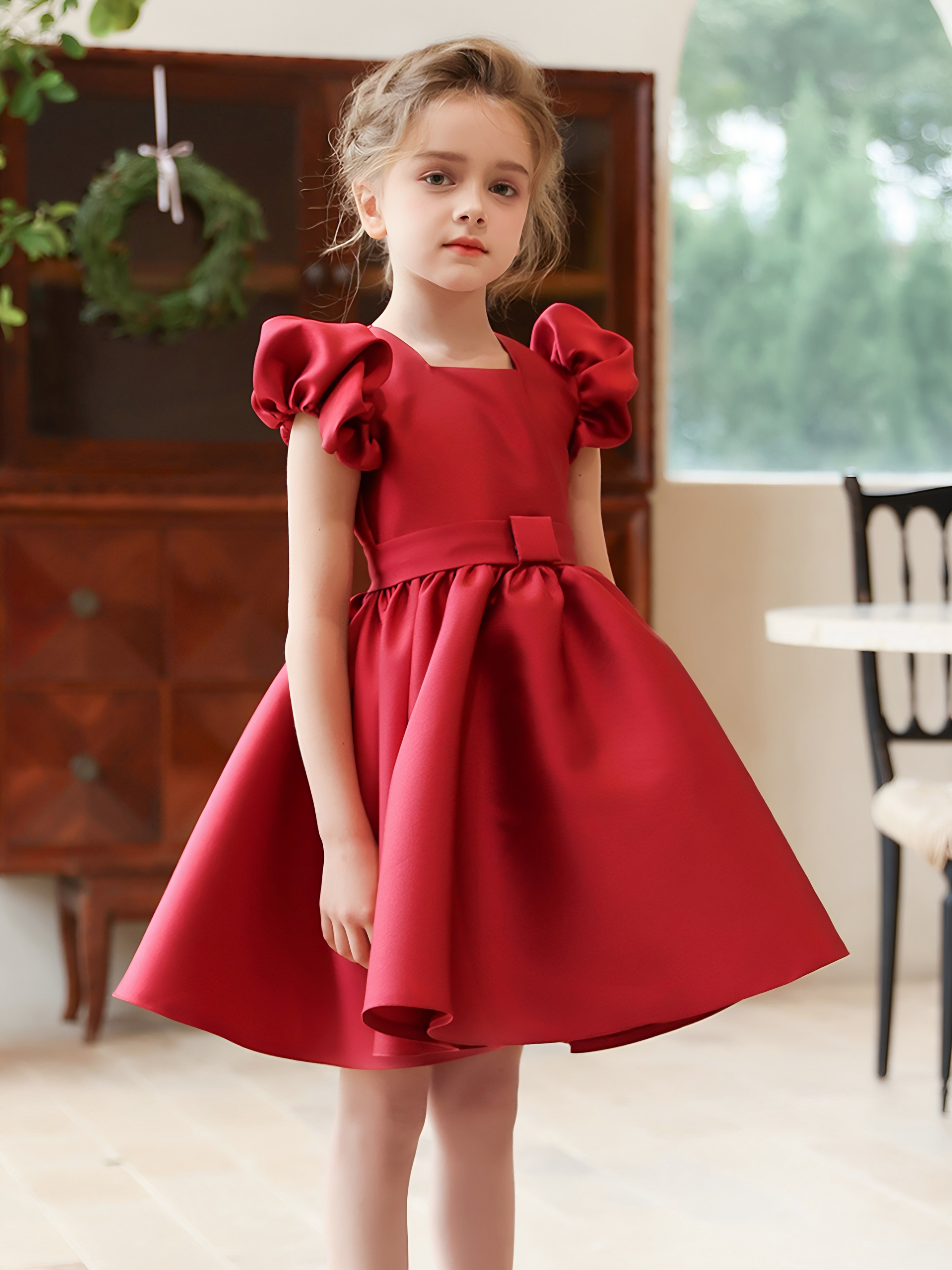 红色儿童礼服女童泡泡袖生日公主裙儿童缎布节日幼儿园演出服高端