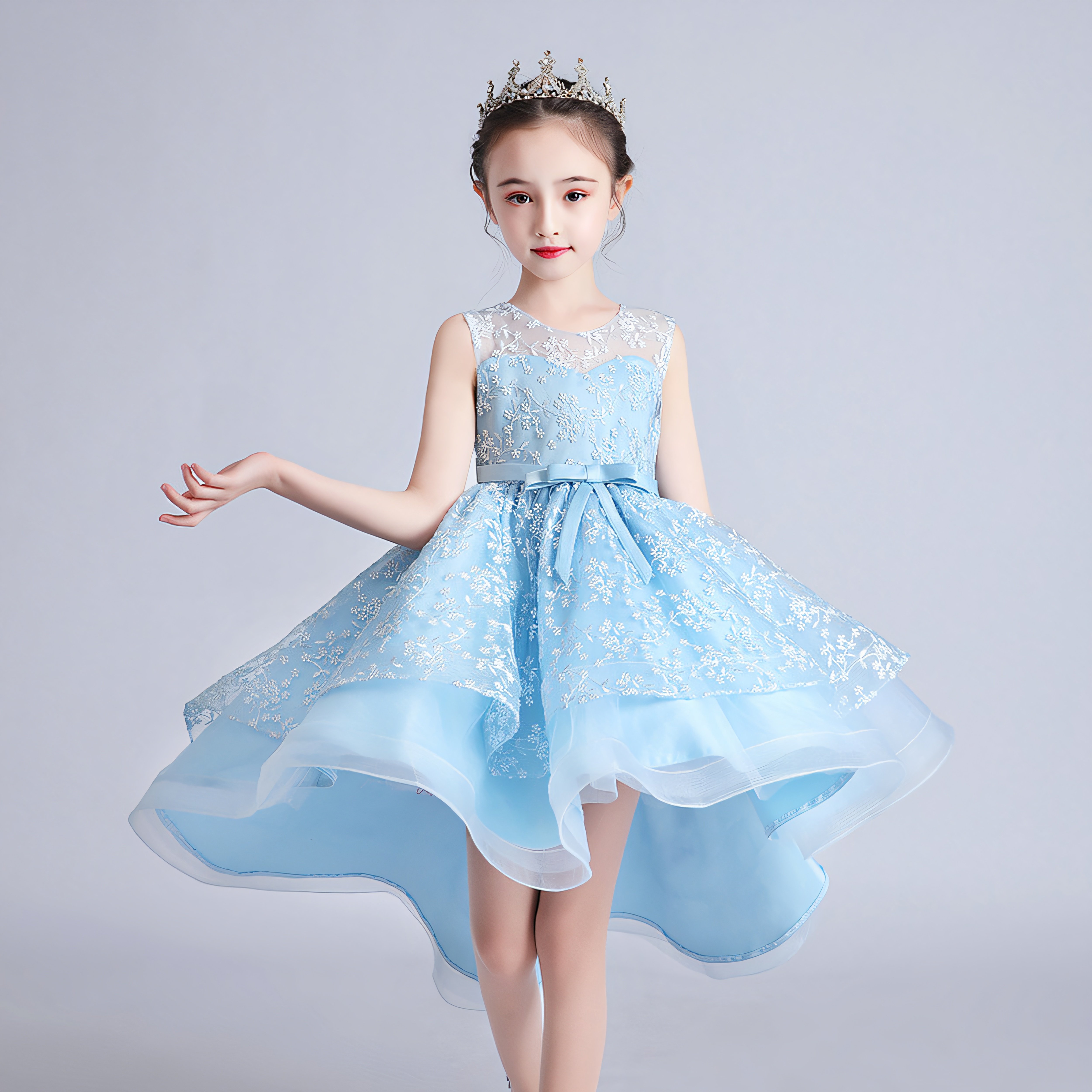 女大童公主裙白色拖尾礼服蓬蓬裙幼儿园六一演出服花童钢琴表演服