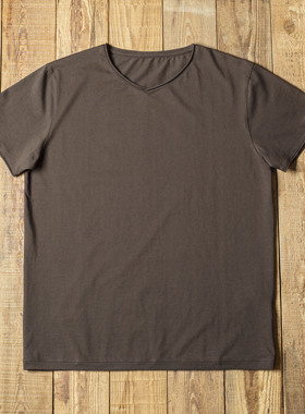 Double Seam V领短袖T恤新中式卷边宽松复古春夏纯棉打底美式咔叽