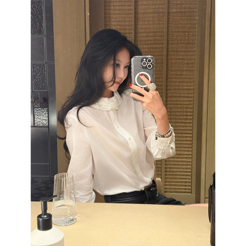 老钱风蕾丝花边领棉质白衬衫