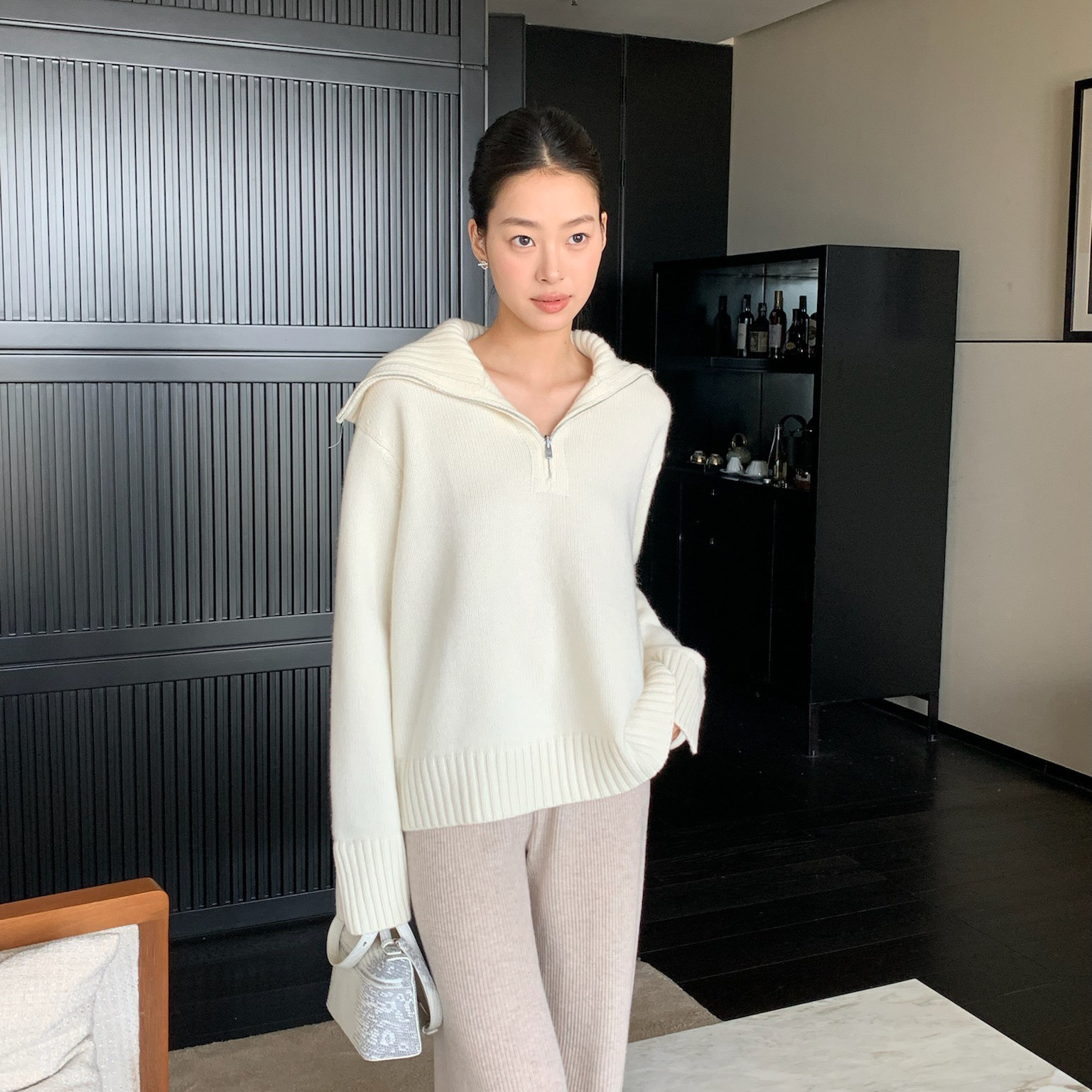 老钱风LP半拉链大翻领山羊绒毛衣