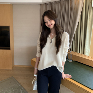 老钱风LP半拉链雕花羊绒针织衫 26年春季新款 落肩宽松翻领毛衣