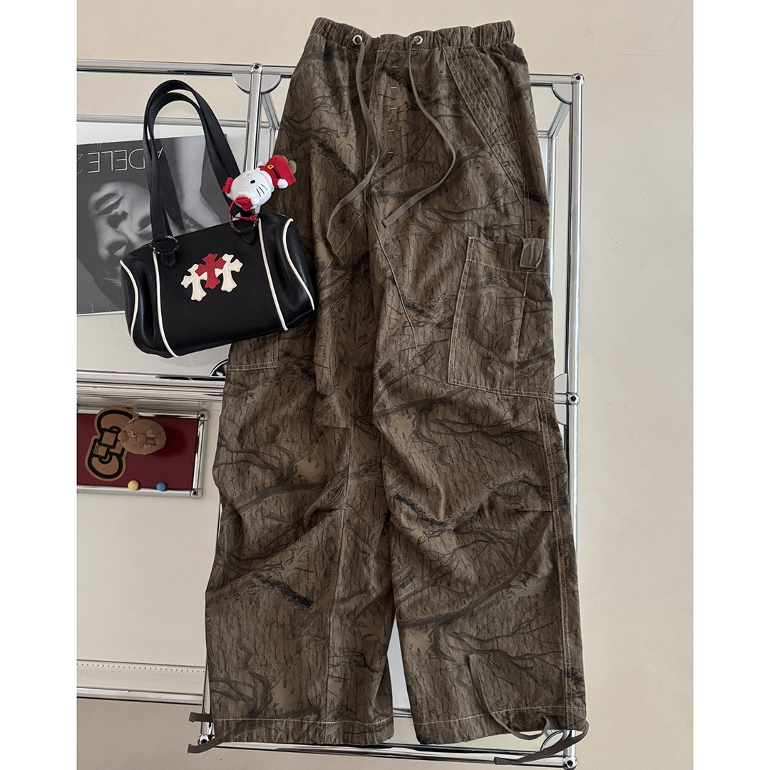 jennie同款枯叶印花工装裤 美式复古大口袋伞兵裤