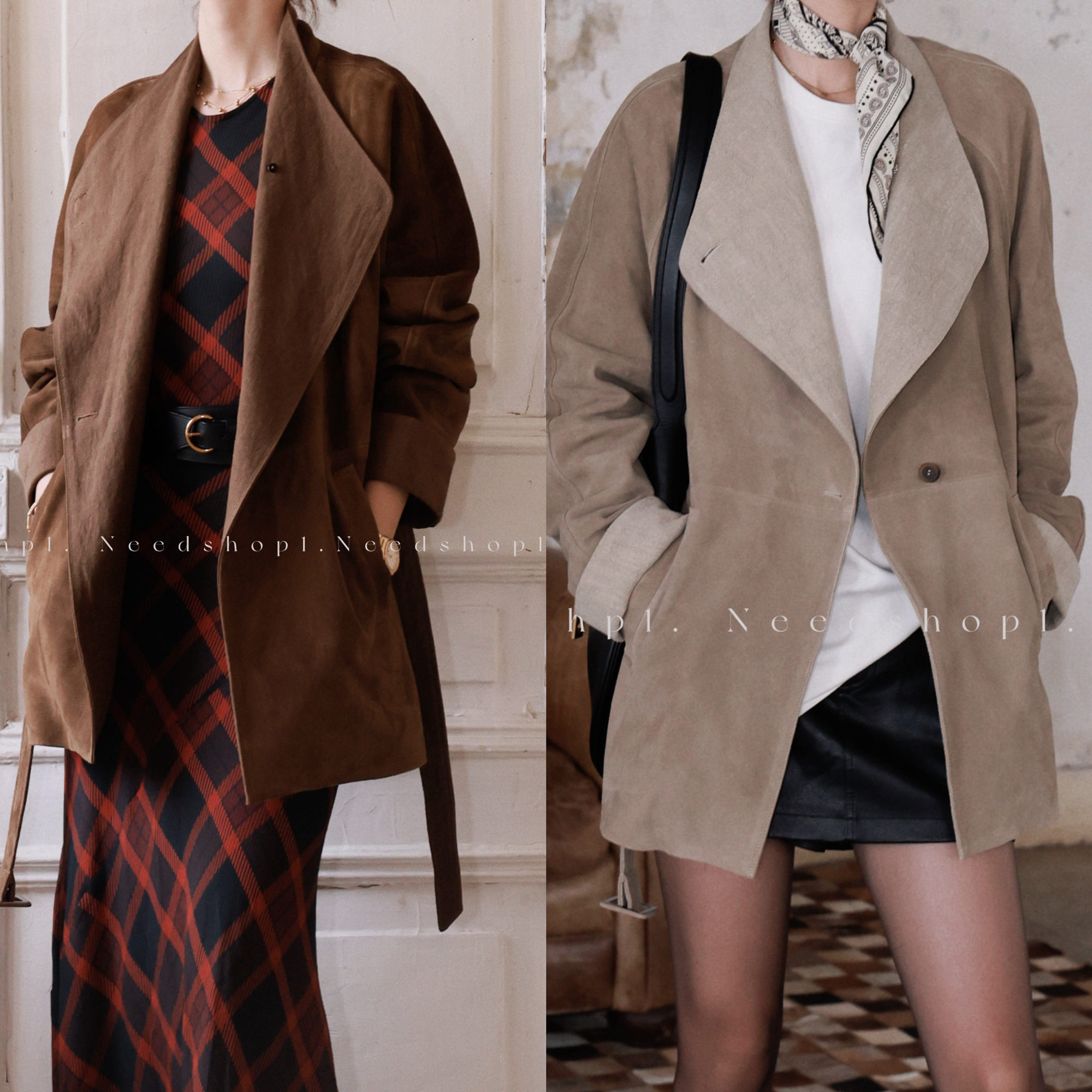 NeedShop1 新款双色气质大翻领真皮拼接亚麻外套女