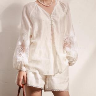 Needshop1 2025春季新款法式白色蕾丝拼接天丝醋酸套装女