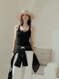 NeedShop1 法式 甜美黑色蕾丝边修身 显瘦百搭吊带背心 2024新款