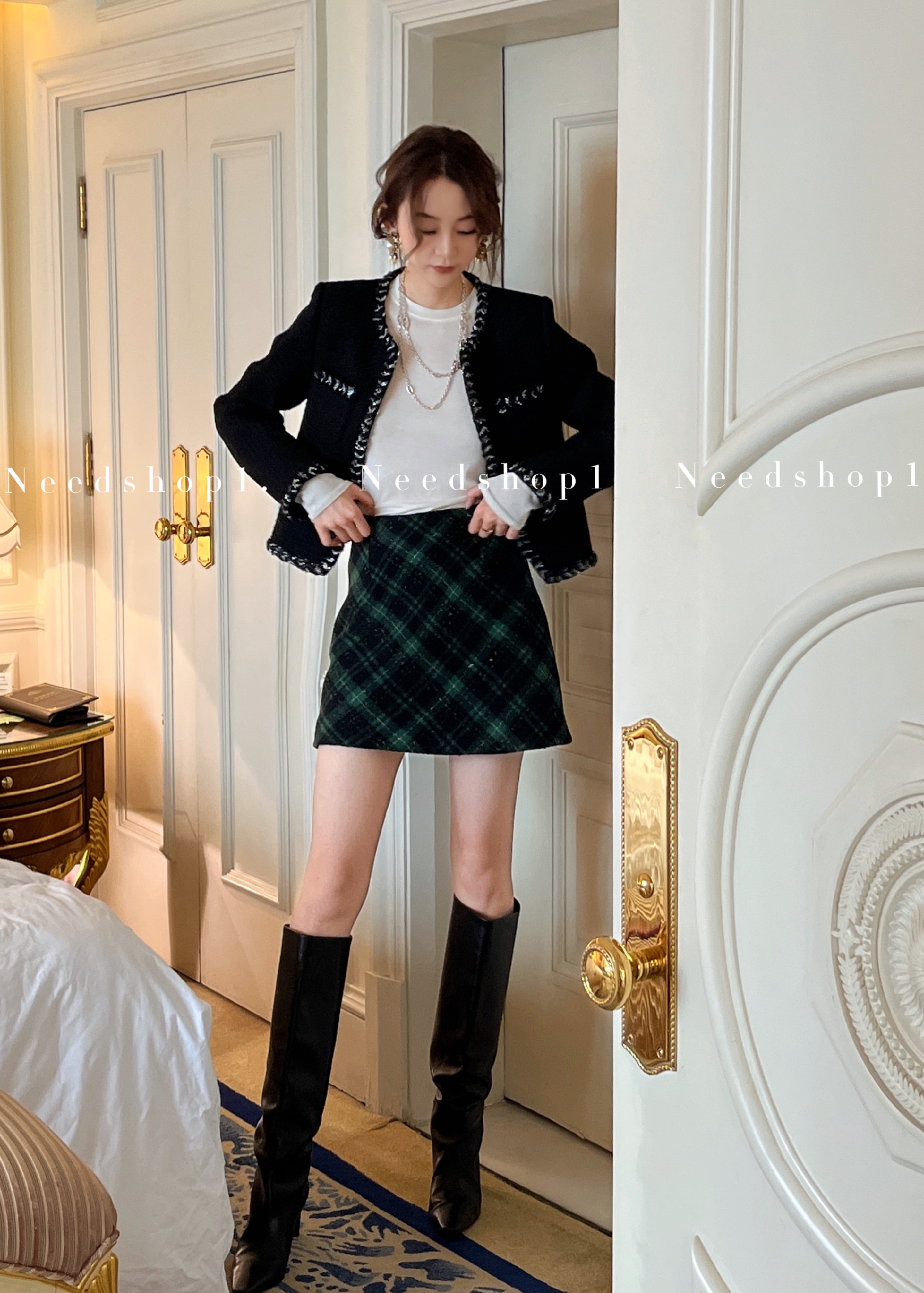 NeedShop1冬季毛呢绿格子半身裙