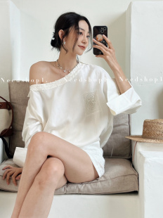 上衣女 斜肩定制珠片宽松慵懒风白色长袖 NeedShop1 新款