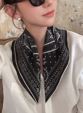 NeedShop1 2025春季新款黑色桑蚕丝印花法式百搭方形丝巾女