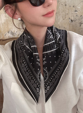 NeedShop1 2025春季新款黑色桑蚕丝印花法式百搭方形丝巾女