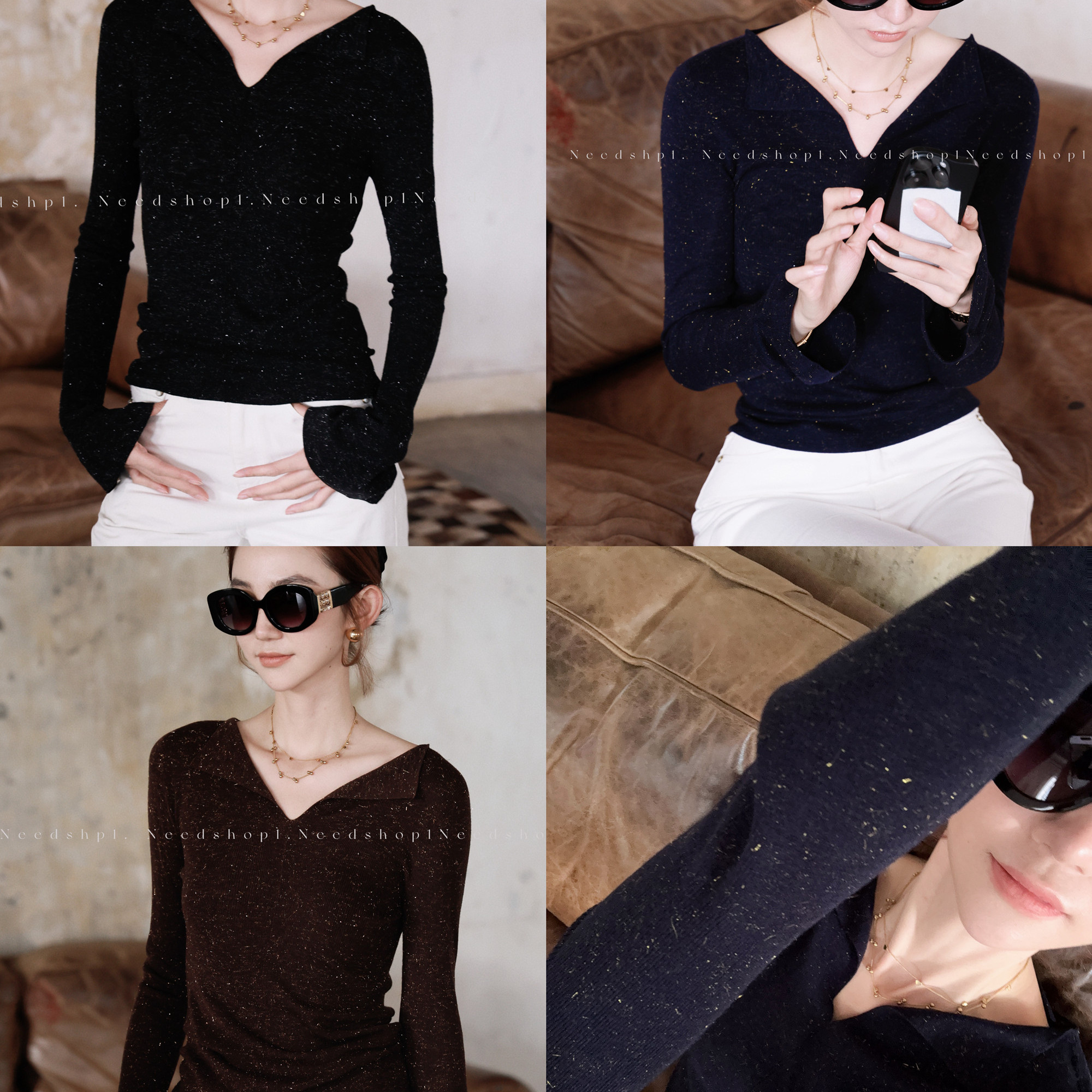 NeedShop1 新款四色简约半开领修身打底V领上衣女