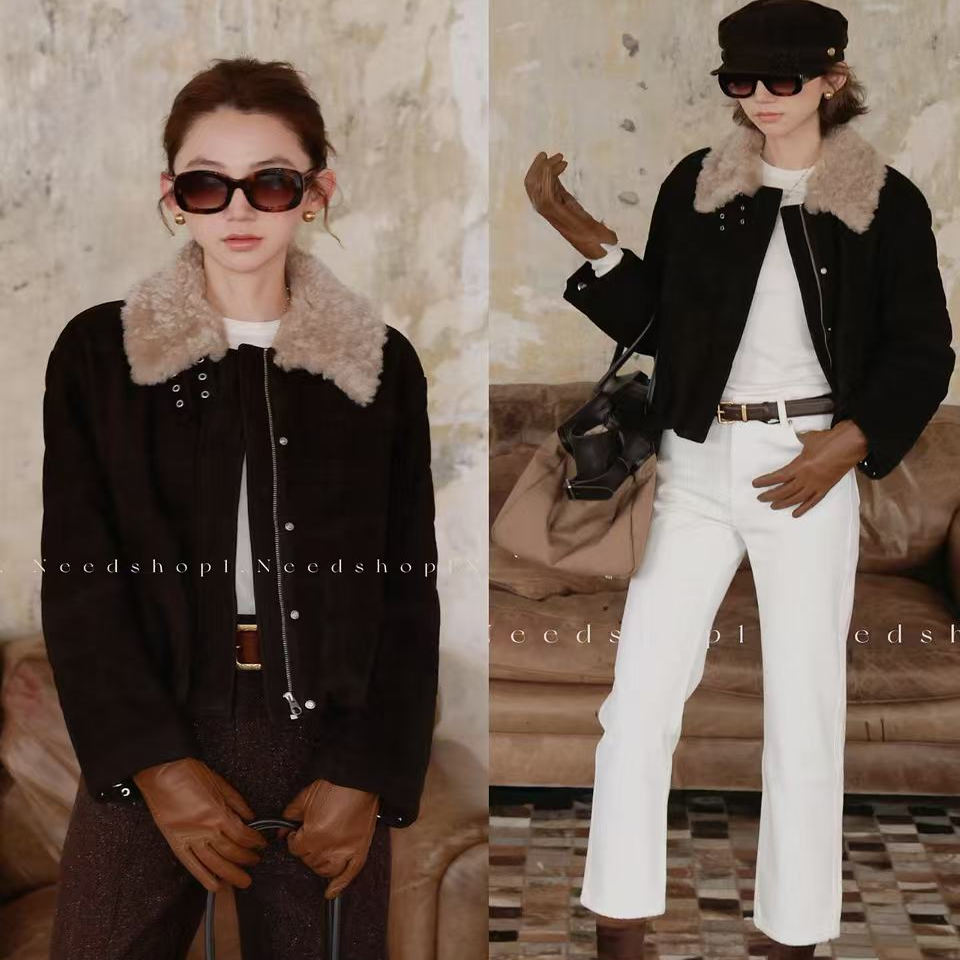 NeedShop1 黑色进口皮毛一体加厚短款精致轻奢皮草外套女