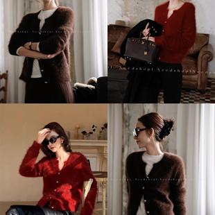 NeedShop1 秋冬新款双色羊毛貂绒软糯毛茸茸亮片圆领针织开衫女