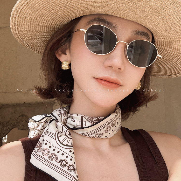 NeedShop1 新款棕色系法式复古印花桑蚕丝方巾优雅时尚丝巾系脖