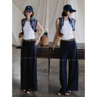 藏青色简约直筒长裤 NeedShop1 天丝亚麻定制长裤