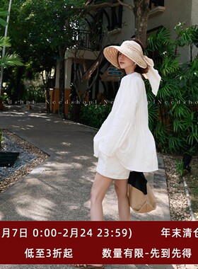 NeedShop1 2025春季新款度假风100亚麻白色v领衬衫加短裤套装