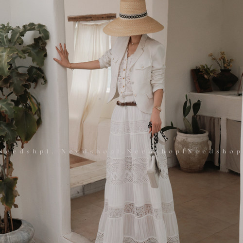 蕾丝钩花拼接百搭半身裙女