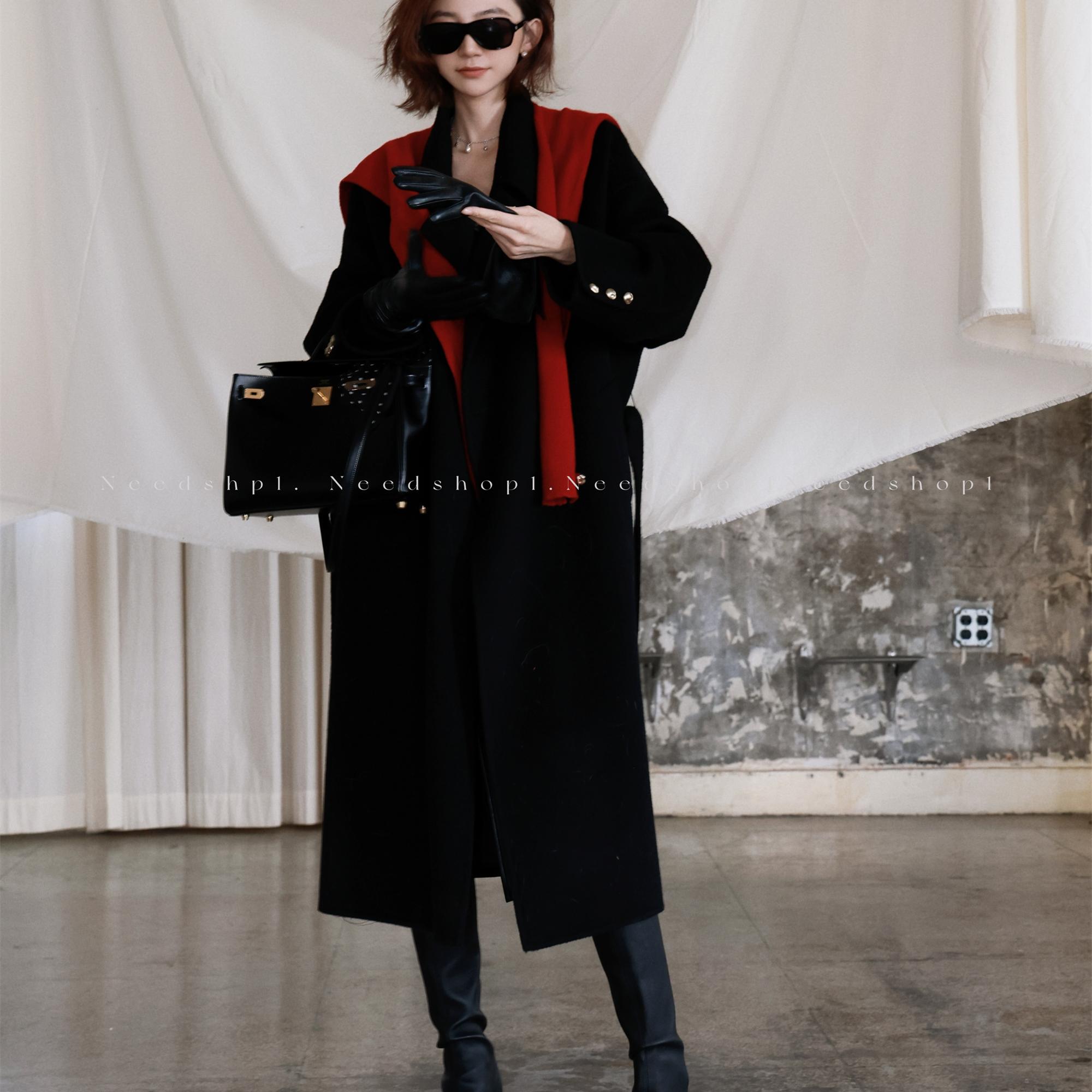 NeedShop1黑色双面羊毛金扣大衣