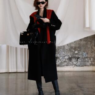 NeedShop1 赫本风经典系带黑色金扣双面100羊毛宽松慵懒长款大衣
