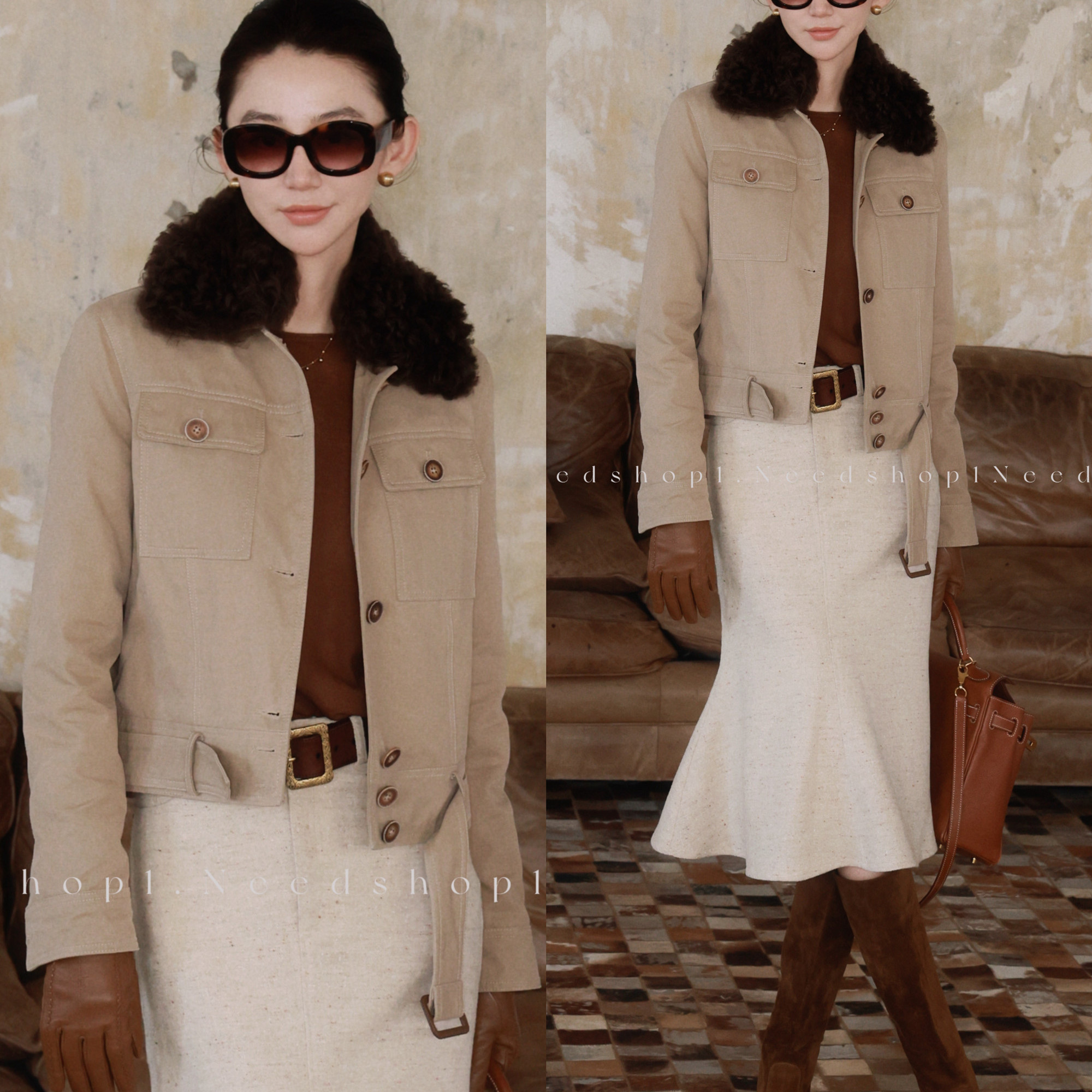 简约浅卡其短款鹅绒派克服