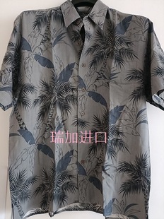 现货清仓出口夏威夷纯真丝印花男衬衫 样品灰底椰树M码