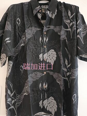 现货清仓出口夏威夷纯真丝印花男衬衫样品黑底大叶子XL码