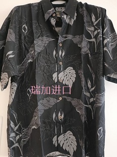 现货清仓出口夏威夷纯真丝印花男衬衫 样品黑底大叶子XL码