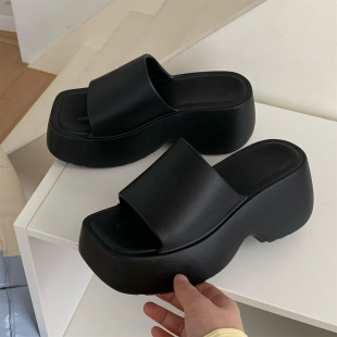 女士ins风网红外穿沙滩鞋 夏增高8cm坡跟厚底度假防滑EVA凉拖 拖鞋