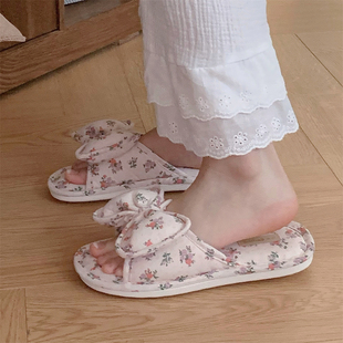 女士四季 通用防滑碎花蝴蝶结地板鞋 一字网红ins风高级感棉麻拖鞋